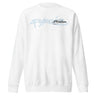 Front view of a sweatshirt in white. A stylized wordmark across the chest paired with a small emblem-style logo, layered over faint scratchy handwritten script, with a single legible line reading 'the rays of the sun warms me so' beneath it.