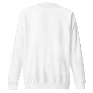 Front view of a sweatshirt in white. Left plain with no print on the front, the graphic sits entirely on the back of the garment.