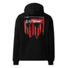 Back view of a oversized hoodie in black. A large HUD-style graphic dominates the upper back, pairing a bold 'DEPART' wordmark with the stacked characters '启行' above a jagged red banner shaped like a torn transit map, its silhouette faintly tracing a figure's profile. Dense micro-typography runs down both sides in vertical blocks of English verse about starlight and a dead sun, framed by sunburst icons, a small red stamp reading '旅未终,' and a technical grid header labeled '2nd/SP.'