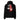Back view of a Oversized Hoodie in Black. a large back graphic centered on a jagged, torn-map style emblem in white with a glowing star burst at its center, layered over angled orange-red geometric panels resembling sail or flag fragments, alongside a bold two-line wordmark, a short block of descriptive text, and a smaller diagonal wordmark near the hem
