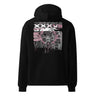 Back view of an oversized hoodie in black. A large rectangular back graphic layers an ornate hall interior in high-contrast greyscale beneath oversized roman numerals 'XXXVII' and a serif 'IN SILENTIO' wordmark. Dusty pink text bars carry a short poem down the left edge, cut through by thorned starburst linework in the same pink.