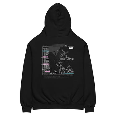 Back view of an oversized hoodie in Black. A large collaged graphic fills the back: a ruled record card labelled "ONI BLOOD", "NAME" and "POSITION AND RANK" in small white capitals, its name line filled in with pink Japanese characters over a faint column of typewritten Latin plant names struck through with pink and teal highlighter bars. Beside it, an expressive white line drawing of a figure with a long bladed polearm sits over halftone shading and translucent dark panels.