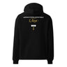 Back view of an oversized hoodie in Black. A stacked graphic fills the upper back: "AIRSPACE PATROL DEPARTMENT" in heavy white capitals, "GLORIA NOS DUCIT" in smaller gold capitals beneath it, then "L'Azur" in a large gold script with a long trailing flourish. Below sit a small white box lettered "FIRST SPEAR" in black, a weathered gold seal stamp carrying two characters, and "gen 5" in gold.
