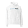 Front view of a oversized hoodie in white. A stylized wordmark across the chest paired with a small emblem-style logo, layered over faint scratchy handwritten script, with a single legible line reading 'the rays of the sun warms me so' beneath it.