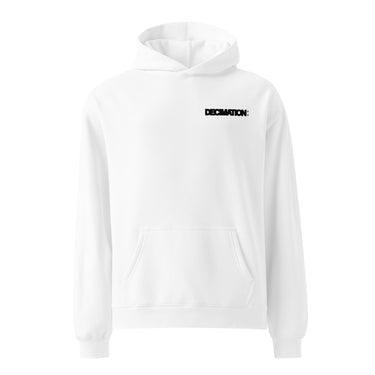 Front view of a oversized hoodie in white. A bold 'DECIMATION' wordmark sits on the left chest in solid black type, with a small red sparkle accent stamped beside it.