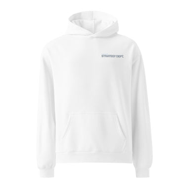 Front view of a oversized hoodie in white. Small tonal chest lockup reading "External" above "STRATEGY DEPT." in pale blue and soft grey, set in a condensed bold sans with tiny wing and crosshair marks. A low-contrast print that sits close to the fabric.