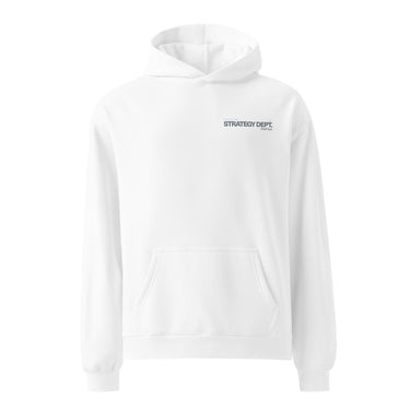Front view of an oversized hoodie in white. A small right-chest graphic in slate grey and pale blue reads 'External' above 'STRATEGY DEPT.', with 'Chief Tech' beneath, set in condensed technical type flanked by tiny aircraft glyphs.