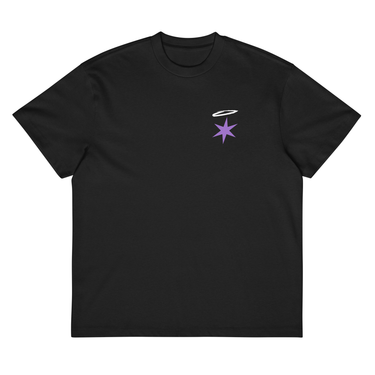 Front view of a box tee in black, flat. A small graphic sits high on the left chest: a loose, hand-drawn halo ring in white tilted above a sharp six-pointed star in soft violet. Both shapes print flat, the ring's brushed edges left rough and unfinished.