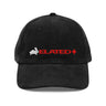 Front view of a corduroy cap in black. A white rabbit silhouette and "ELATED♦" in bold red are embroidered side by side across the front panel. The distinctive corduroy ridge texture is visible across the entire crown and brim.