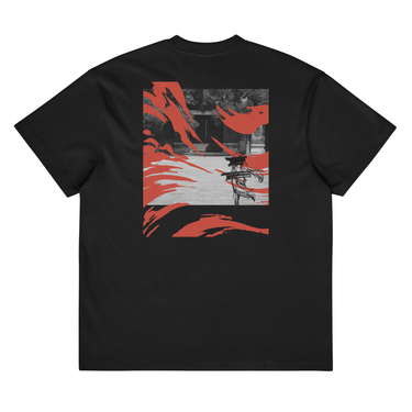 Back view of a box tee in black, flat. A large back graphic: a black-and-white photo of a traditional courtyard torn through with bold red brush strokes, with a fine-line sketched figure at its centre.