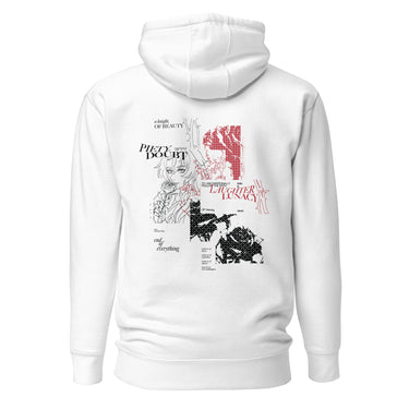 Back view of a solid-colored hoodie. A large collage graphic on the upper back features a fine-line portrait of the character Argenti from Honkai: Star Rail holding a rose. The design is layered with multiple blocks of text in various fonts and several patches of high-contrast, textured patterns.