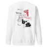 Back view of a solid-colored sweatshirt. A large collage graphic on the upper back features a fine-line portrait of the character Argenti from Honkai: Star Rail holding a rose. The design is layered with multiple blocks of text in various fonts and several patches of high-contrast, textured patterns.