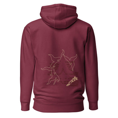 Back view of a solid-colored hoodie. A large graphic on the upper back features a high-contrast outline of a three-leaf symbol, with the interior of the shape completely filled with blocks of text.