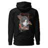 Back view of a solid-colored hoodie. A large graphic on the upper back features a high-contrast illustration of the character Blade from Honkai: Star Rail. The portrait is framed by a rectangle and layered with abstract wing-like shapes and fine, sketchy lines.