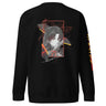Back view of a solid-colored sweatshirt. A large graphic on the upper back features a high-contrast illustration of the character Blade from Honkai: Star Rail. The portrait is framed by a rectangle and layered with abstract wing-like shapes and fine, sketchy lines.