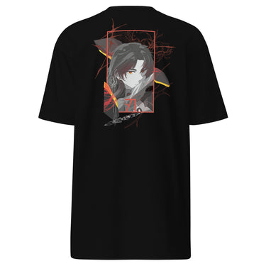 Back view of a solid-colored shirt. A large graphic on the upper back features a high-contrast illustration of the character Blade from Honkai: Star Rail. The portrait is framed by a rectangle and layered with abstract wing-like shapes and fine, sketchy lines.