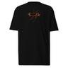 Front view of a solid-colored shirt. A minimalist graphic on the chest features a rectangular frame surrounded by several blocks of text and intersected by fine, sketchy lines.