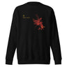 Front view of a solid-colored sweatshirt. A graphic on the chest features a large, abstract, high-contrast shape resembling a flower, accompanied by several lines of handwritten-style script.