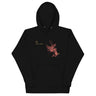 Front view of a solid-colored hoodie. A graphic on the chest features a large, abstract, high-contrast shape resembling a flower, accompanied by several lines of handwritten-style script.