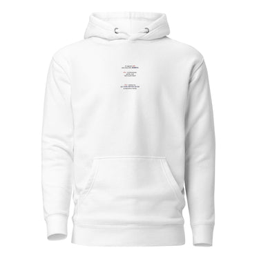 Front view of a solid-colored hoodie. A small graphic on the chest features three vertically stacked paragraphs of text.
