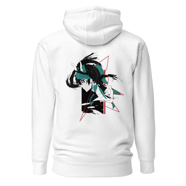 Back view of a solid-colored hoodie. A large, high-contrast graphic on the upper back features a stylized illustration of the character Dan Heng from Honkai: Star Rail, framed by abstract angular lines.