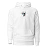 Front view of a solid-colored hoodie. A small embroidered graphic on the chest features two stylized, high-contrast dragon-like shapes intertwined within an abstract, angular frame.