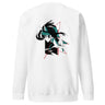 Back view of a solid-colored sweatshirt. A large, high-contrast graphic on the upper back features a stylized illustration of the character Dan Heng from Honkai: Star Rail, framed by abstract angular lines.