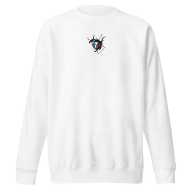 Front view of a solid-colored sweatshirt. A small embroidered graphic on the chest features two stylized, high-contrast dragon-like shapes intertwined within an abstract, angular frame.