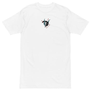 Front view of a solid-colored shirt. A small embroidered graphic on the chest features two stylized, high-contrast dragon-like shapes intertwined within an abstract, angular frame.