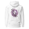 Back view of a solid-colored hoodie. A large, ornate crest-like graphic on the upper back features a central circular emblem surrounded by geometric shapes and framed by text.