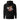 Back view of a solid-colored hoodie. A large, chaotic collage graphic on the upper back features stylized text, graffiti scribbles, and abstract textured shapes.