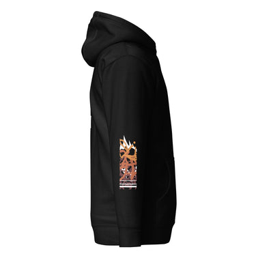 A view of the sleeve of a hoodie, showing a vertical graphic block filled with abstract, high-contrast patterns and shapes.