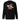 Back view of a solid-colored sweatshirt. A large, chaotic collage graphic on the upper back features stylized text, graffiti scribbles, and abstract textured shapes.
