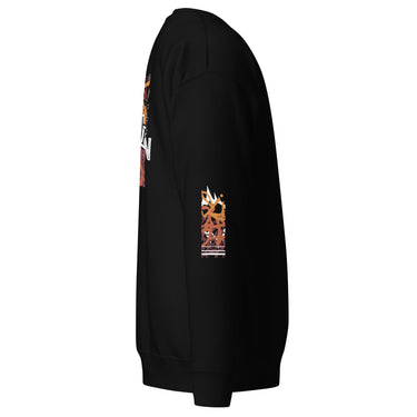 A view of the sleeve of a sweatshirt, showing a vertical graphic block filled with abstract, high-contrast patterns and shapes.