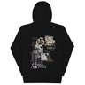 Back view of a solid-colored hoodie. A large, vertical collage graphic on the upper back features large, ornate gothic letters 'G' and 'S', layered with high-contrast floral illustrations and fine-line architectural schematics. The design also includes various blocks of English and East Asian text.