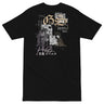 Back view of a solid-colored shirt. A large, vertical collage graphic on the upper back features large, ornate gothic letters 'G' and 'S', layered with high-contrast floral illustrations and fine-line architectural schematics. The design also includes various blocks of English and East Asian text.
