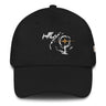 Front view of a Baseball Cap in Black. an embroidered emblem on the crown showing a jagged white constellation-like shape encircling a small orange starburst at its center, evoking a compass or astrolabe