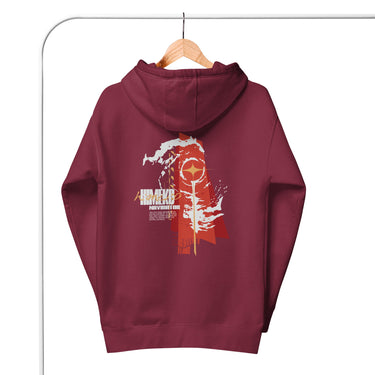 Back view of a solid-colored hoodie. A large, abstract collage graphic on the upper back features a beacon-like shape topped with a star emblem, layered with high-contrast splashes and blocks of text.