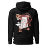Back view of a solid-colored hoodie. A large, vertical collage graphic on the upper back features a line-art illustration of the character Hu Tao from Genshin Impact. The design is framed by a rectangle and decorated with high-contrast butterflies, flowers, and various text elements.