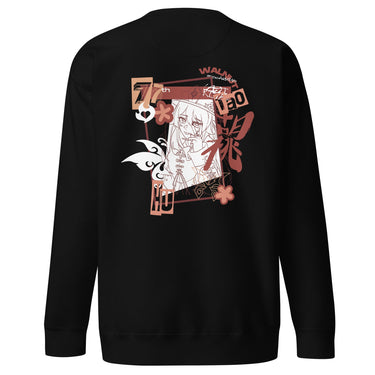 Back view of a solid-colored sweatshirt. A large, vertical collage graphic on the upper back features a line-art illustration of the character Hu Tao from Genshin Impact. The design is framed by a rectangle and decorated with high-contrast butterflies, flowers, and various text elements.