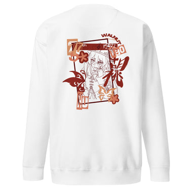 Back view of a solid-colored sweatshirt. A large, vertical collage graphic on the upper back features a line-art illustration of the character Hu Tao from Genshin Impact. The design is framed by a rectangle and decorated with high-contrast butterflies, flowers, and various text elements.