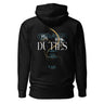 Back view of a solid-colored hoodie. A large, elegant graphic on the upper back features the prominent text "DUTIES", with the words "FEARS AND" above it. The design is layered with two high-contrast anime-style eyes and a long, swirling tail-like shape.