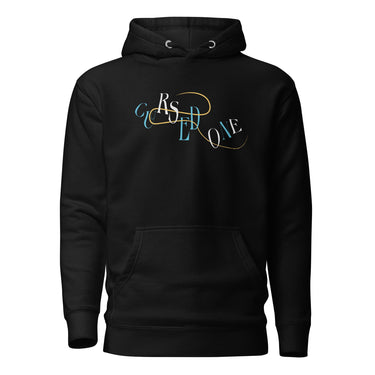 Front view of a solid-colored hoodie. A graphic on the chest features the letters spelling "CURSED ONE" scattered and layered in a mix of high-contrast fonts, intertwined with a fine swirling line.