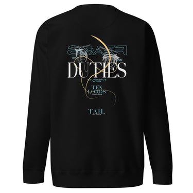 Back view of a solid-colored sweatshirt. A large, elegant graphic on the upper back features the prominent text "DUTIES", with the words "FEARS AND" above it. The design is layered with two high-contrast anime-style eyes and a long, swirling tail-like shape.