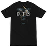 Back view of a solid-colored shirt. A large, elegant graphic on the upper back features the prominent text "DUTIES", with the words "FEARS AND" above it. The design is layered with two high-contrast anime-style eyes and a long, swirling tail-like shape.