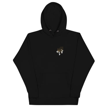 Front view of a solid-colored hoodie. A small graphic on the left chest features a cluster of abstract geometric shapes within a fine-line, scaffolding-like frame.