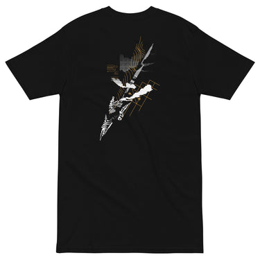 Back view of a solid-colored shirt. A large, vertical collage graphic on the upper back is shaped like a lightning bolt and composed of various abstract textures, lines, and typographic elements.