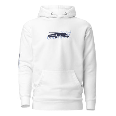 Front view of a solid-colored hoodie. A small graphic on the chest features elegant script text layered with a high-contrast, scribbled shape.