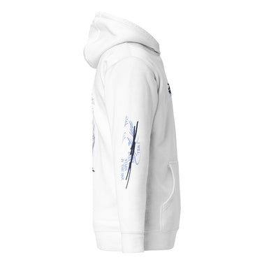 A view of the sleeve of a hoodie, showing a vertical graphic. The design features a block of text bisected by a diagonal line and other abstract shapes.
