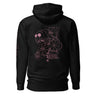 Back view of a solid-colored hoodie. A large graphic on the upper back features a fine-line illustration of the character Kafka from Honkai: Star Rail. The design is interwoven with large, web-like geometric patterns and small blocks of text.
